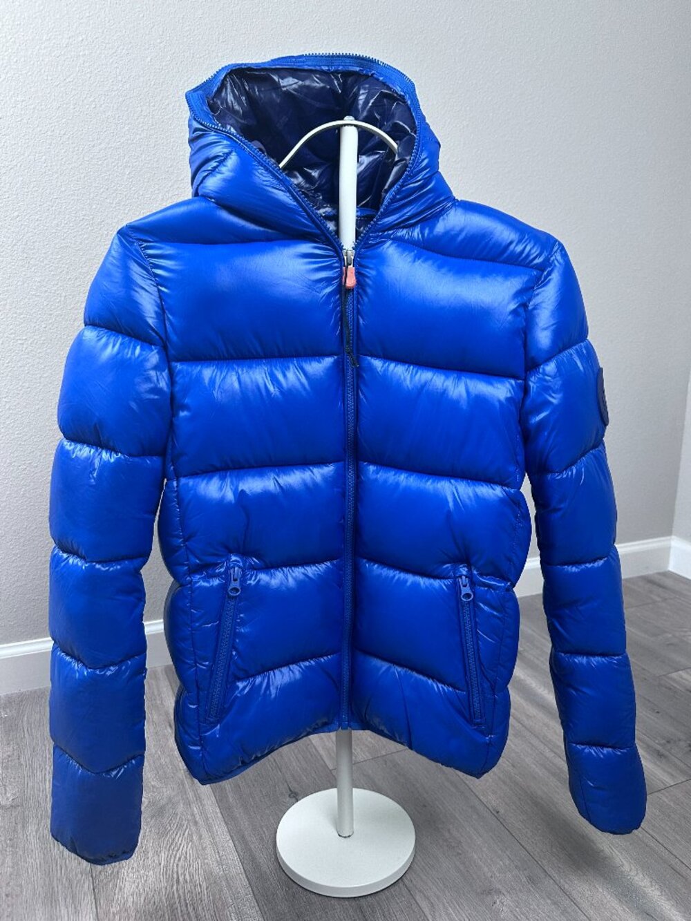 Save The Duck Boys Size 14 Blue Ultra Light Hooded Puffer Jacket Animal Free